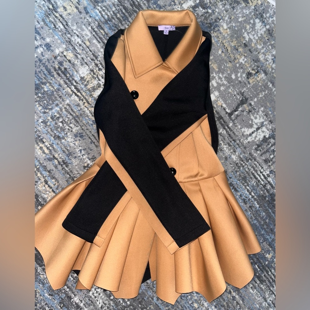 Genesis Double Breasted Color Block Pea Coat Tan